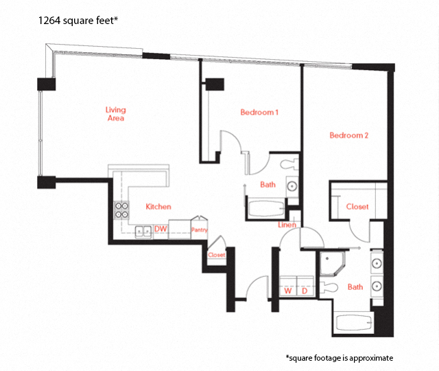 Floor plan for 2 beds, 2 baths, 1264 sqft
